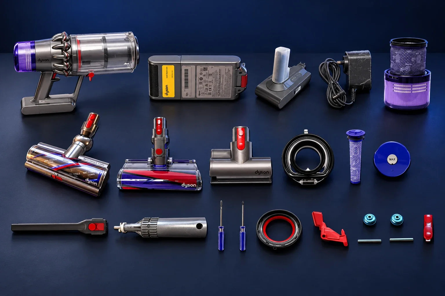 Genuine and replacement vacuum parts laid out on a workbench