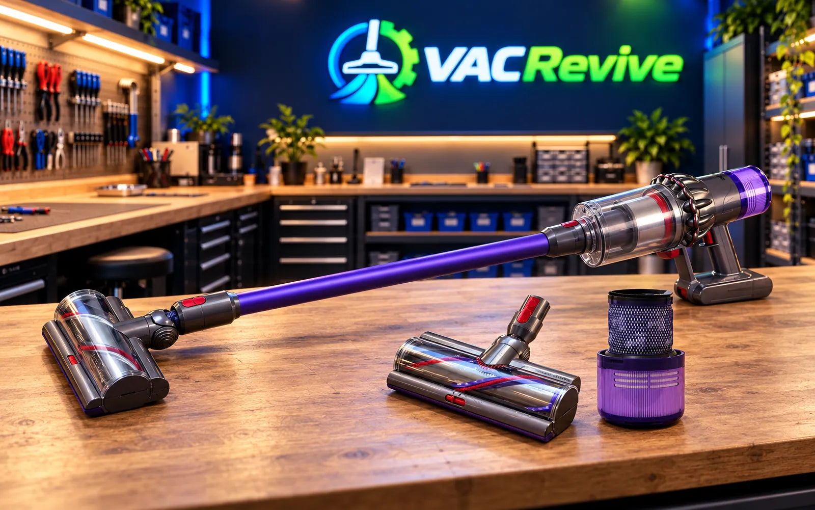 Refurbished Dyson vacuum and tested parts on the VacRevive workbench