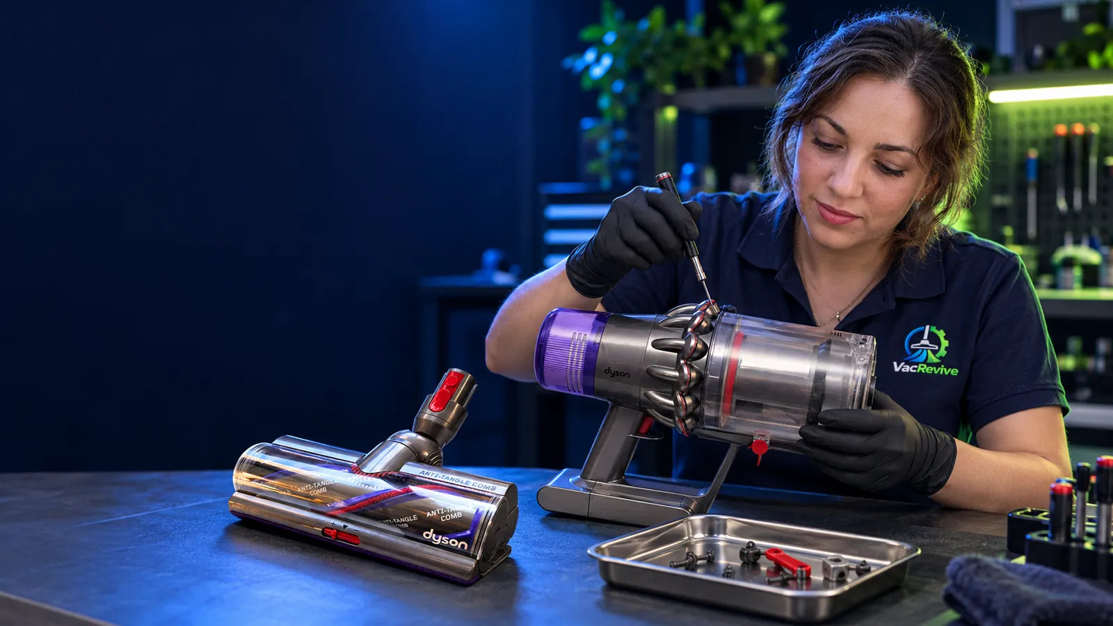 Sharniella Alijevska repairing a Dyson vacuum