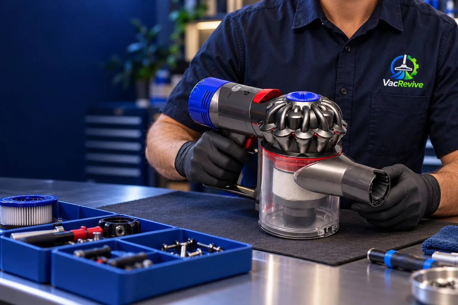 VacRevive technician servicing a cordless vacuum